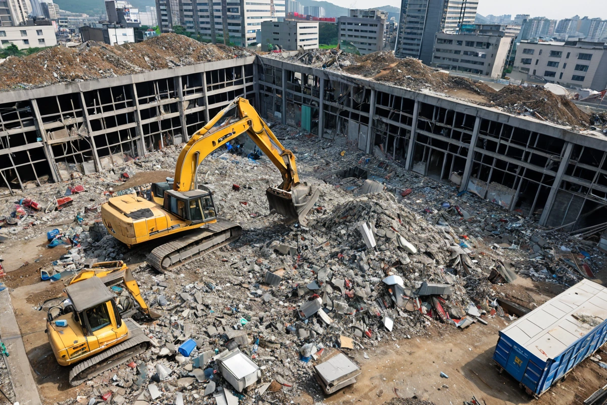 수원 팔달로 상업용 철골 건물 철거 현장, 500평 규모의 철골 구조물이 철거 중인 모습, 철거 장비가 정리된 공간과 폐기물 처리 구역이 잘 정돈되어 있는 모습