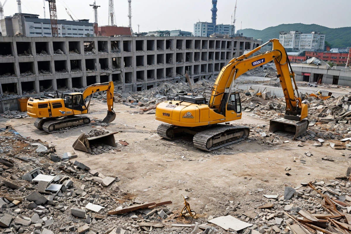 수원 팔달로 철거 작업 현장에서 철저한 현장 점검을 위한 철거 장비와 현장 계획도가 놓인 모습, 전문적인 철거 작업을 위한 정비된 공간