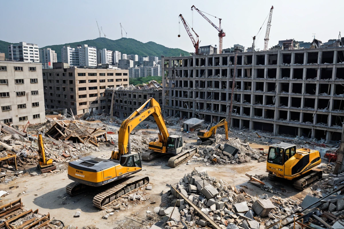 수원 평동 지역의 학원 철거 현장에서 철거 중인 구조물과 철거 장비가 정리된 모습. 구조물의 크기와 재료가 드러나는 자연스러운 철거 현장 풍경