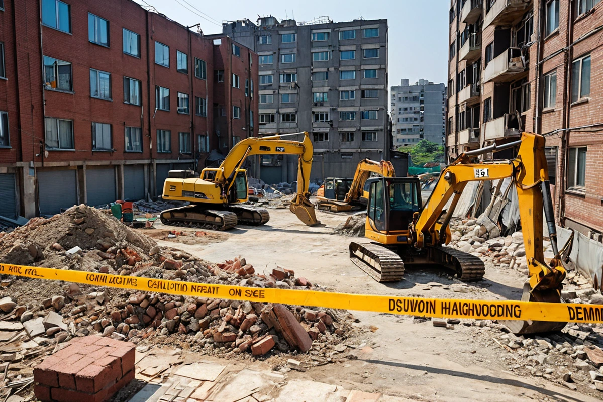 수원 행궁동 주변 건물과 인근 주민의 안전을 고려한 철거 현장. 철거 장비가 주변 건물과 안전거리 유지하며 설치되어 있으며, 주변 환경을 고려한 철거 작업을 위한 안전 테이프가 놓