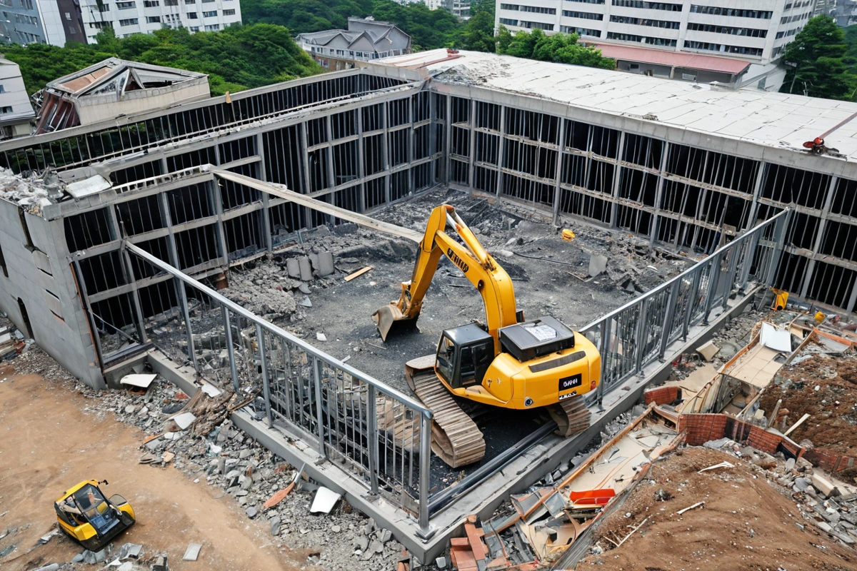 수원 호매실동의 200㎡ 규모 학원 건물 철거 현장, 철골 구조의 건물 일부가 철거 중인 모습, 철거 장비가 세심하게 조작되고 있는 상황, 주변에는 소음 방지 울타리가 설치되어 있