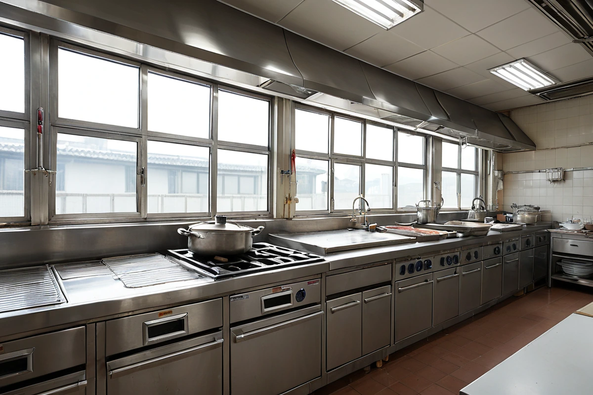 수원 화서동 식당 철거 전 주방 equipment와 조리기구가 분리되어 정리된 장면, 철거 전 현장 점검을 위한 철거 전 정리 상태가 잘 드러난 실내 공간