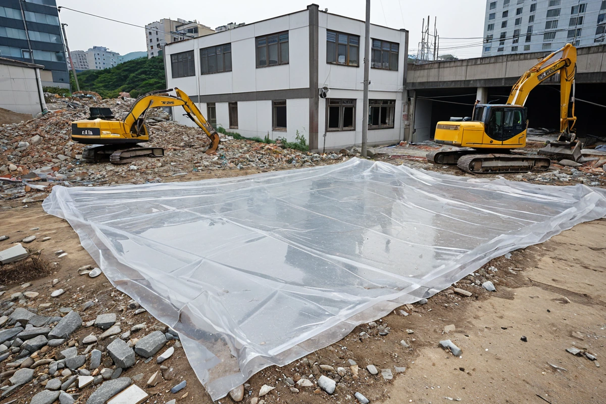 수원 화서동의 한 주택 철거 현장에서, 철거된 건물의 잔해가 정리된 공간에 정확한 비용 표시가 새겨진 투명한 견적서가 놓여져 있습니다. 건물 외벽의 구조가 드러난 상태에서 철거 작