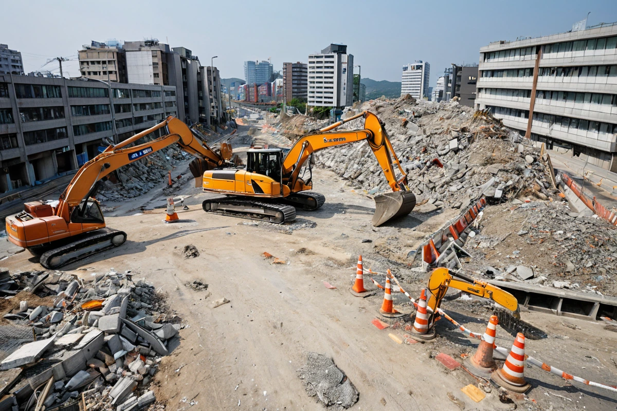 수원 화서동 주변 도로와 주민의 보행로를 고려한 철거 작업 구역이 분리된 현장. 교통 흐름을 고려해 설치된 안전 가림막과 철거 장비가 정리된 모습.