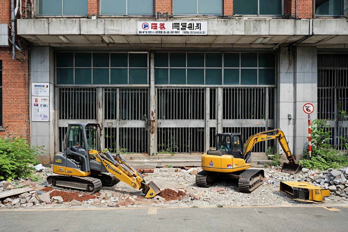 수원 화서역 근처의 철거 업체 사무실 외부, 철거 작업 관련 인증서와 안전 표지가 걸린 철제 문 앞에서 철거 장비가 정리된 모습, 주변 건물과 자연스럽게 어우러진 철거 업체 사무실