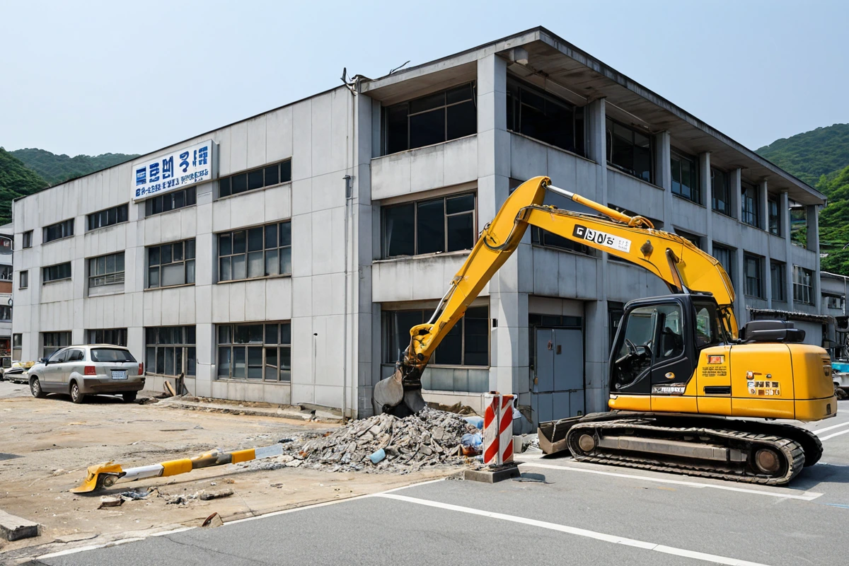 용인 고림동의 철거 업체 사무실 외관, 간결한 간판과 철거 장비가 정리된 차량이 주차된 주차장. 철거 전문 업체의 신뢰감을 주는 간결한 공간.