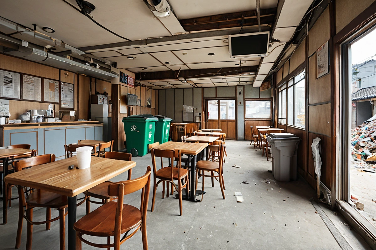 용인 기흥구 카페 철거 현장에서 철거 작업 중인 장비와 철거된 카페 내부의 테이블, 의자, 벽면이 정리된 모습. 폐기물이 분리된 쓰레기통과 철거 작업을 위한 안전 울타리가 배경에