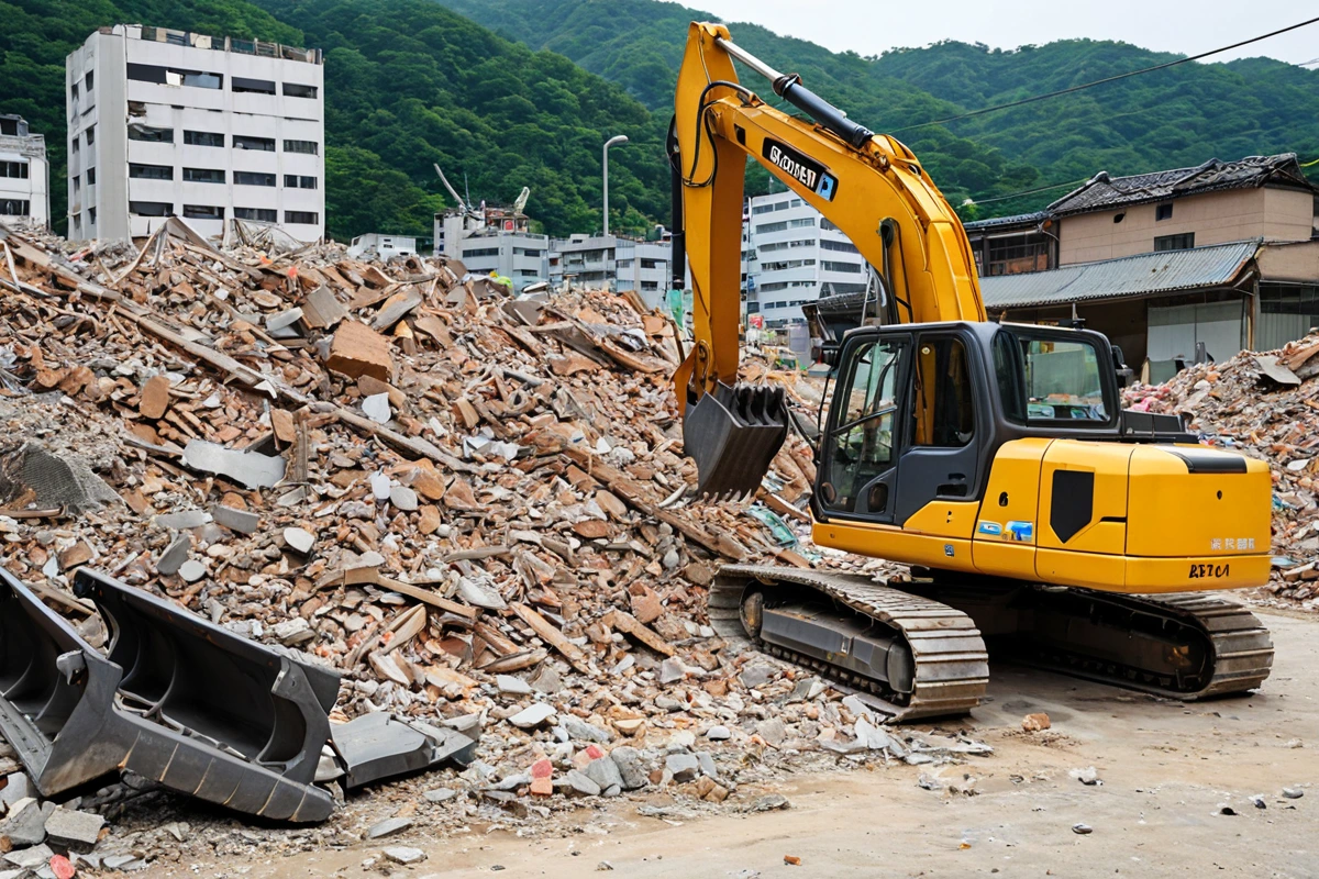 용인 남동 지역의 전문 철거 업체가 작업 중인 현장. 철거 작업의 안전과 효율성을 보여주는 철거 장비와 정리된 작업 공간. 업체의 전문성과 신뢰성을 상징하는 간결한 작업 환경이 자