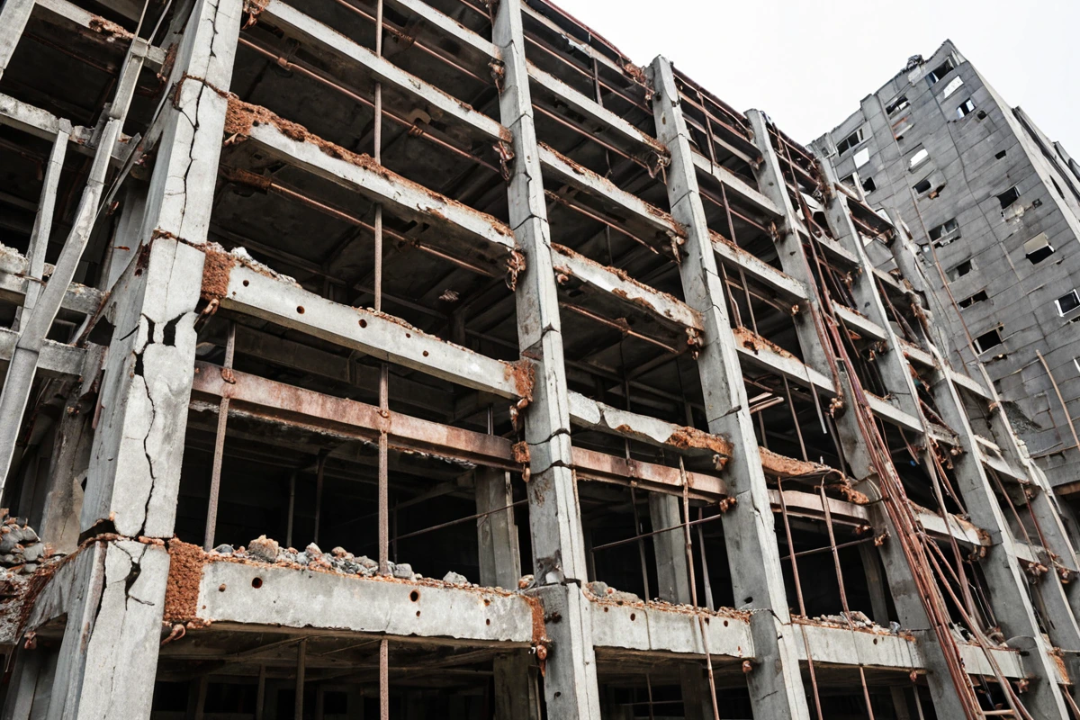 용인 모현읍 사무실 철거 현장에서 구조적 결함이 발견된 부분에 보강 조치가 이루어진 장면. 철거 중인 건물의 구조물에 보강재가 설치되고, 사전 점검을 통해 안전하게 철거 과정이 진