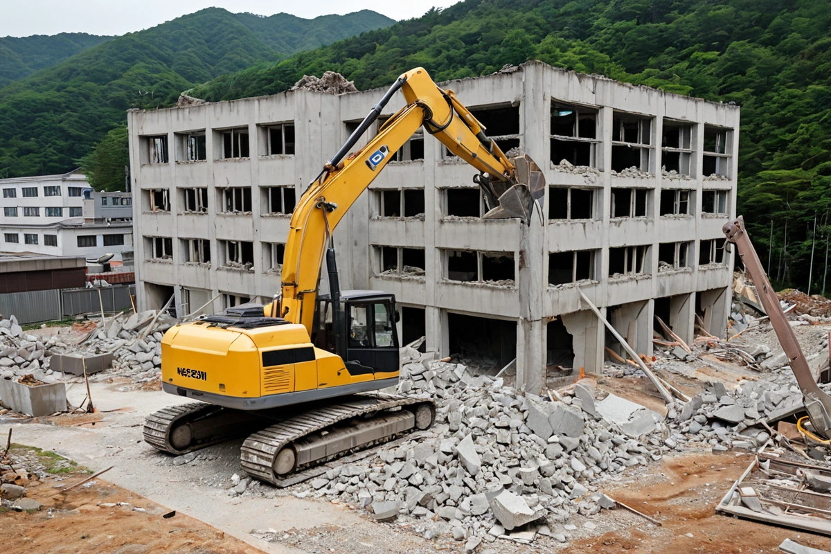 용인 모현읍의 소규모 학원 건물 철거 현장에서, 건물의 구조에 따라 철거 장비가 정확히 배치된 모습. 철거 중인 건물의 외관과 철거 작업을 위한 장비가 자연스럽게 조화를 이룬 장면