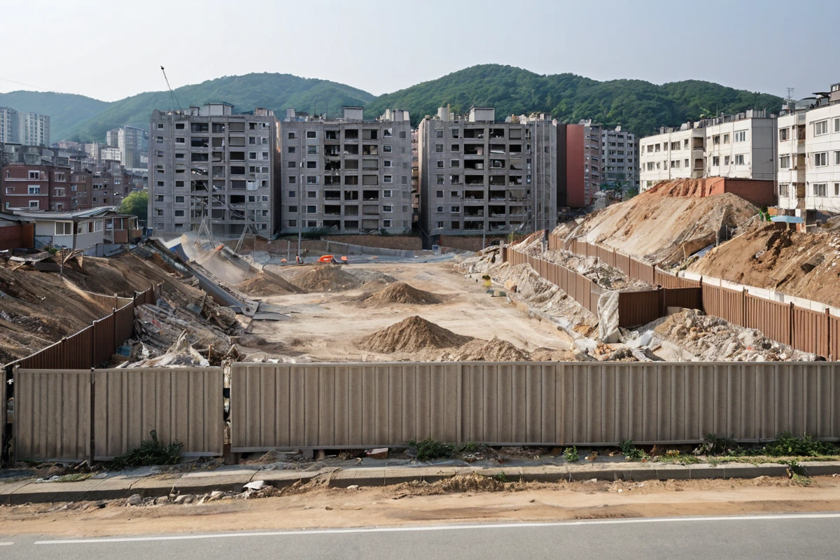 용인 모현읍 학원 주변의 주거지역과의 경계에서, 철거 작업으로 인한 소음과 먼지를 방지하기 위한 일시적 방진막이 설치된 모습. 주변 주민들의 거주 공간과 철거 현장이 조화롭게 배치