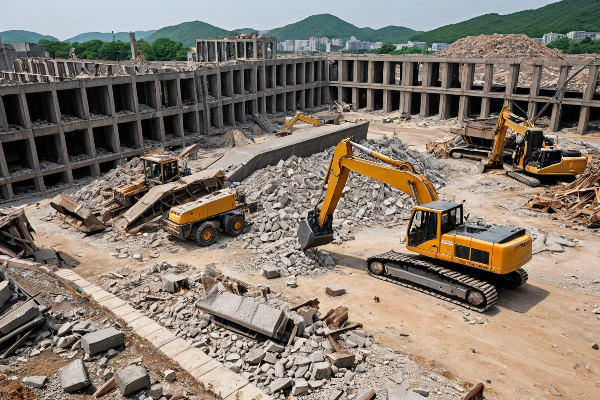 용인 삼가동의 중소기업 사무실 철거 현장에서 대형 철거 장비가 철거 중인 모습. 구조물의 크기와 재질에 따라 철거 비용이 달라지는 것을 보여주는 구체적인 사물들로 구성된 장면.