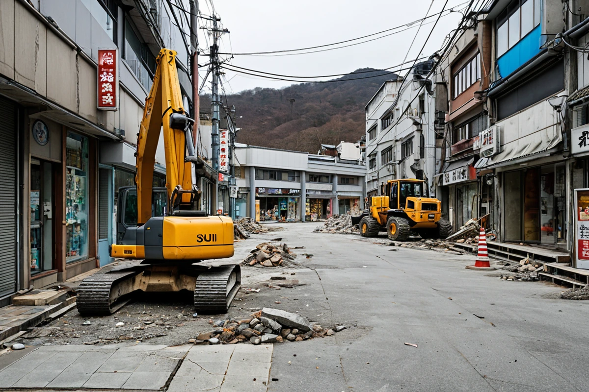 용인 수지구의 좁은 도로 주변에 위치한 식당 철거 현장. 철거 작업 중인 건물의 외부 구조와 주변 상가의 간판이 보이는 모습. 좁은 도로로 인해 철거 장비가 주변 건물과 가까이 위