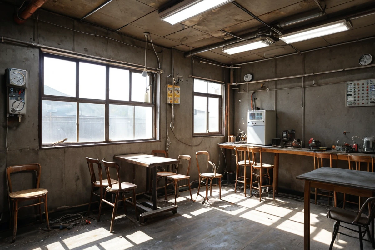 용인 수지구 카페 철거 전 안전 점검을 위한 전기 및 가스 시설이 명확히 보이는 공간, 철거 작업 전 점검을 위한 도구가 준비된 모습, 좁은 구조의 카페 내부에서 안전 점검이 이루