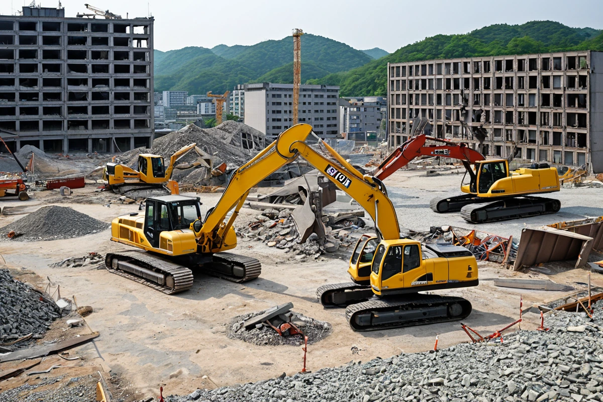 용인 이동읍 카페 철거 현장에서 안심철거의 전문가들이 철거 전 현장 점검을 진행 중인 모습. 철거 예정 공간의 구조물과 장비가 정리된 배경에서 철거 계획서를 확인하는 장면.