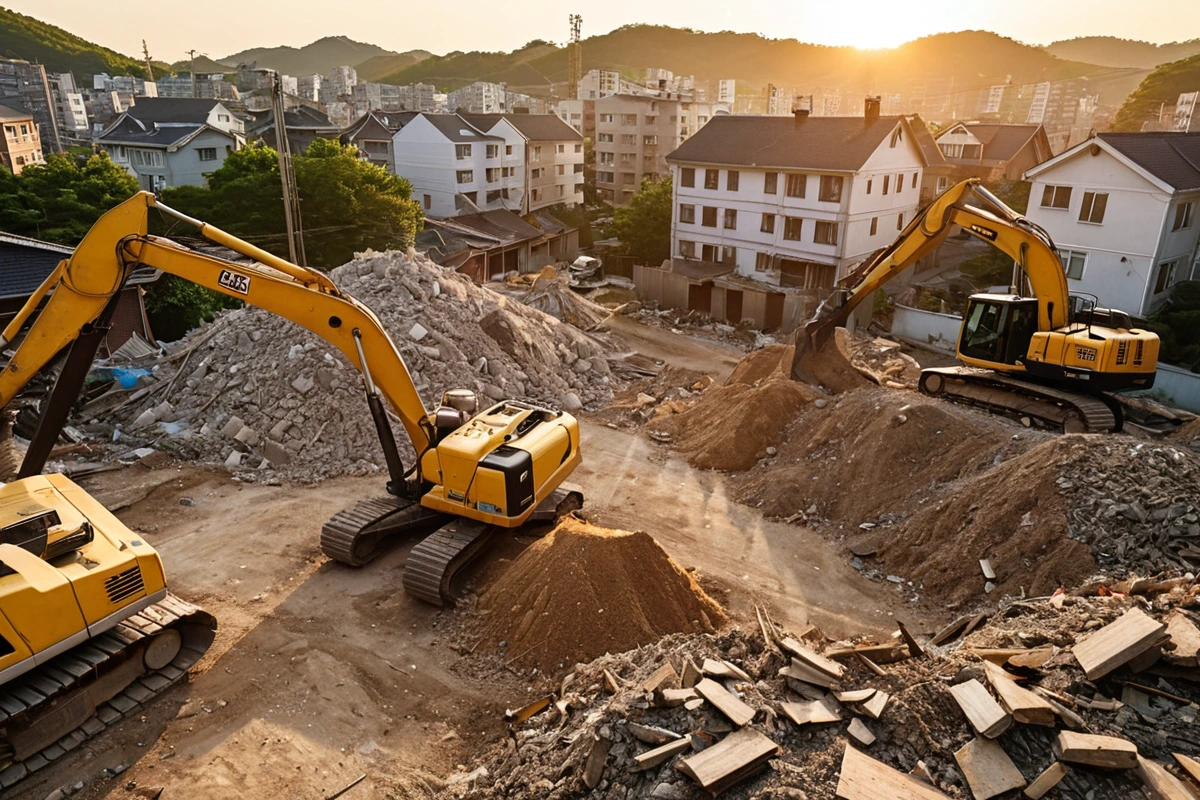 인계동 주거지역에서 철거 작업 중인 현장, 주변 주택과 철거 작업장 사이에 먼지 차단용 방진막이 설치된 모습, 주거지 밀집 지역에서의 철거 작업을 고려한 현장 분위기