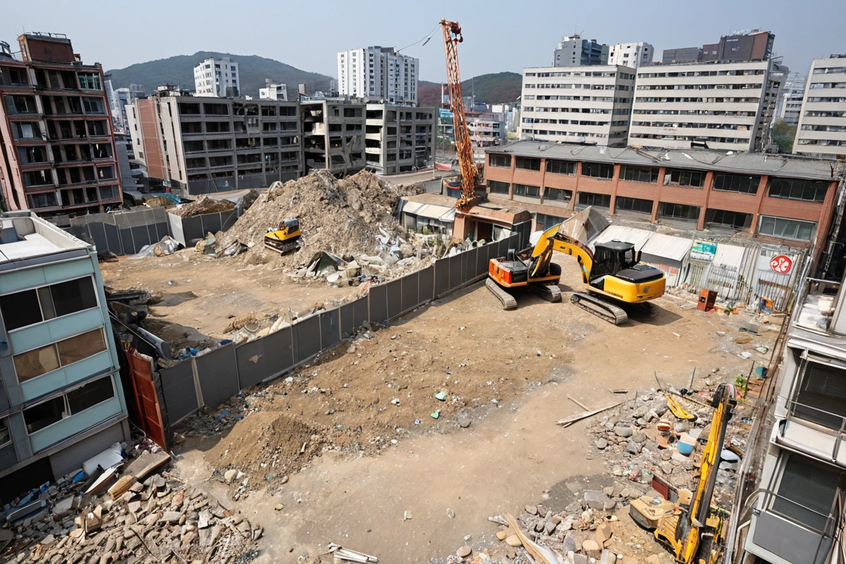 주변 상가와 거주지가 밀집된 수원 천천동 피시방 철거 전 소음과 먼지 관리를 위한 철거 장비가 철저히 가림막으로 보호된 현장. 철거 전 주민과 상가에 대한 사전 공지가 완료된 철거