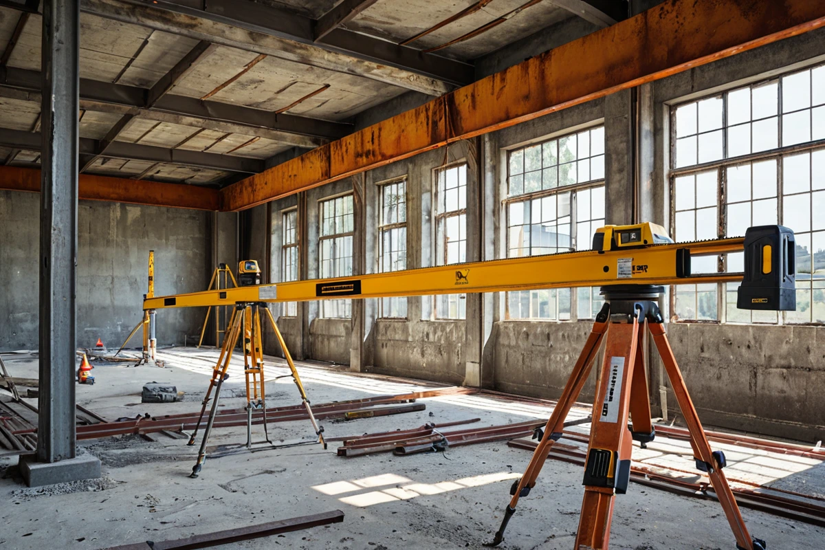 철거 작업 전 구조물의 안정성을 점검하는 장면. 구조물의 결함을 발견하기 위해 정밀한 점검 도구가 사용된 철거 현장의 구조물과 도구가 자연스럽게 배치된 모습.