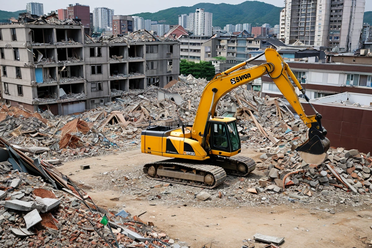 학원 주변의 주거지역과 상가가 보이는 수원 당수동 철거 현장, 철거 작업 중인 장비와 주변 건물이 안전하게 분리된 모습, 주민 안전을 고려한 작업 시간 조정을 위한 안내 표지판이 